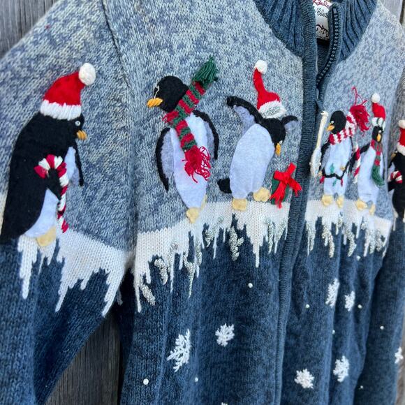 Y2K Heirloom Collectibles Winter Christmas Penguins Icicles Snow Cardigan MEDIUM - Picture 2 of 8